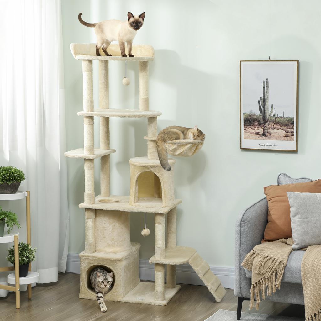 170 Cm Large Cat Tree Cat Tower With 7 Scratching Posts Tunnel 2 Condos Hammock Perch Ramp Pompoms Beige