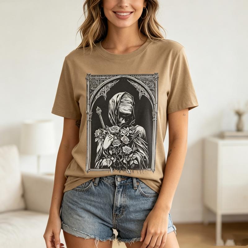 Vintage Gothic Hooded Tee Rose Sword Dark Illustration Print Unisex Unisex Cotton Short Sleeve Streetwear Oversized T Shirt Y2k Top
