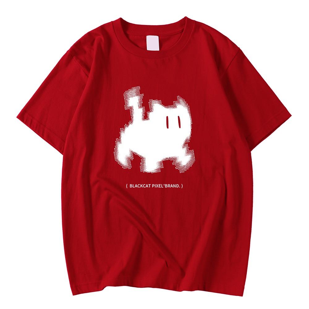 Koreanische Mode Damen T-Shirts Schwarze Katze Pixel Cartoons Druck Tops Bequem Weich O-Ausschnitt Locker Kurzarm Damenkleidung