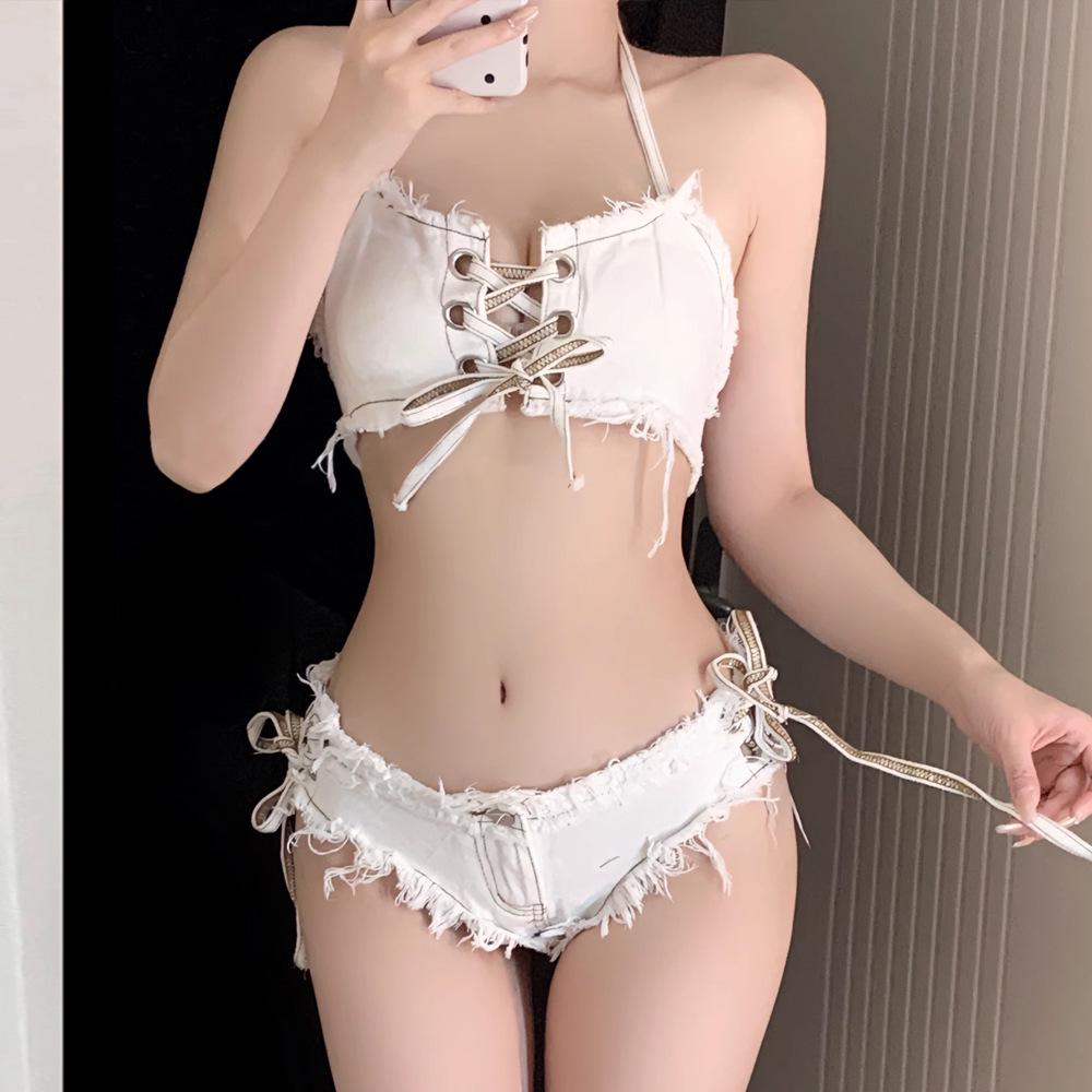 White Halterneck Denim Bikini Set: Sexy Two-Piece for Small Chest - Perfect for Vacation or Hot Springs