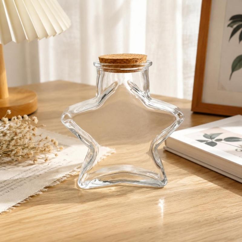 Decorative Glass Bottles With Cork Stopper Clear Glass Jar in Five-Point Form with Wood Cap,Display Bottle for Sand Candy and Paper Bits in Shelf or