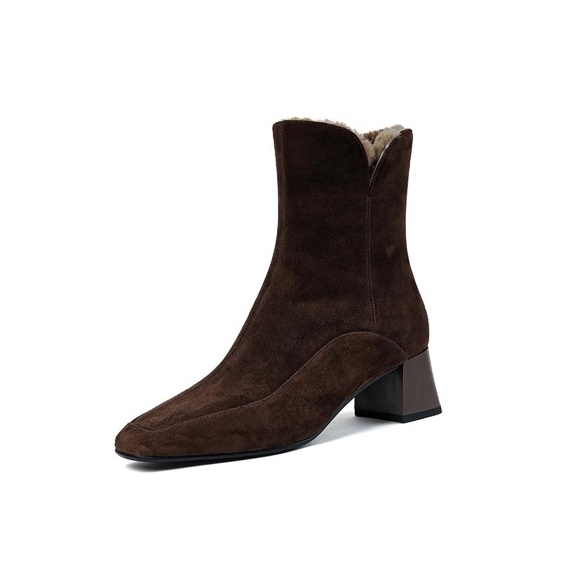 2024 New Winter Wool Warm Women Ankle Boots Genuine Leather Side Zipper Shoes Woman Square Toe Office Lady Working Short Boots