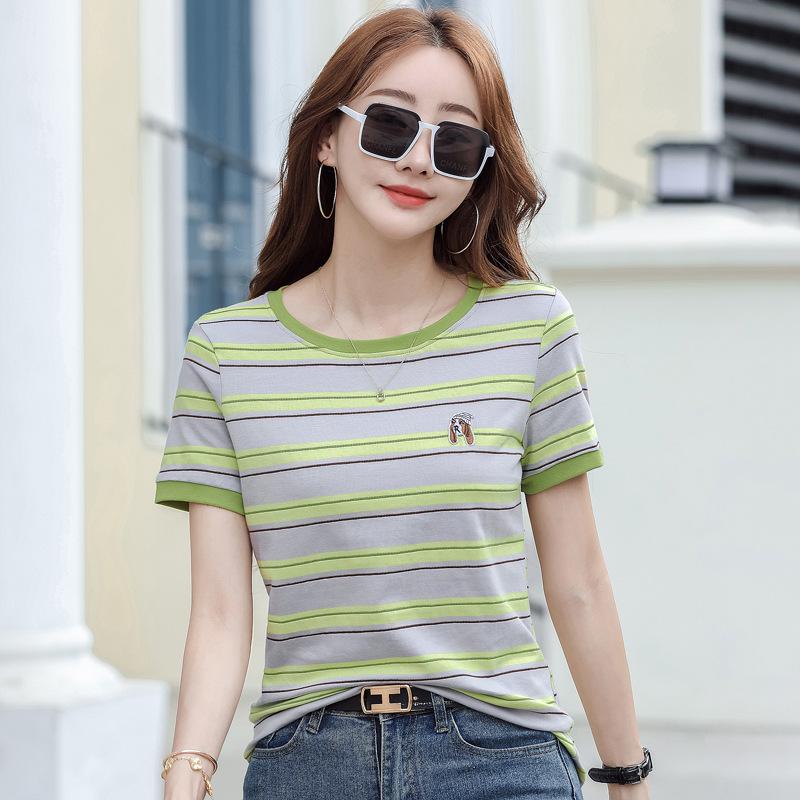 Tricou de vară din bumbac, larg, cu mânecă scurtă, cu dungi, pentru femei