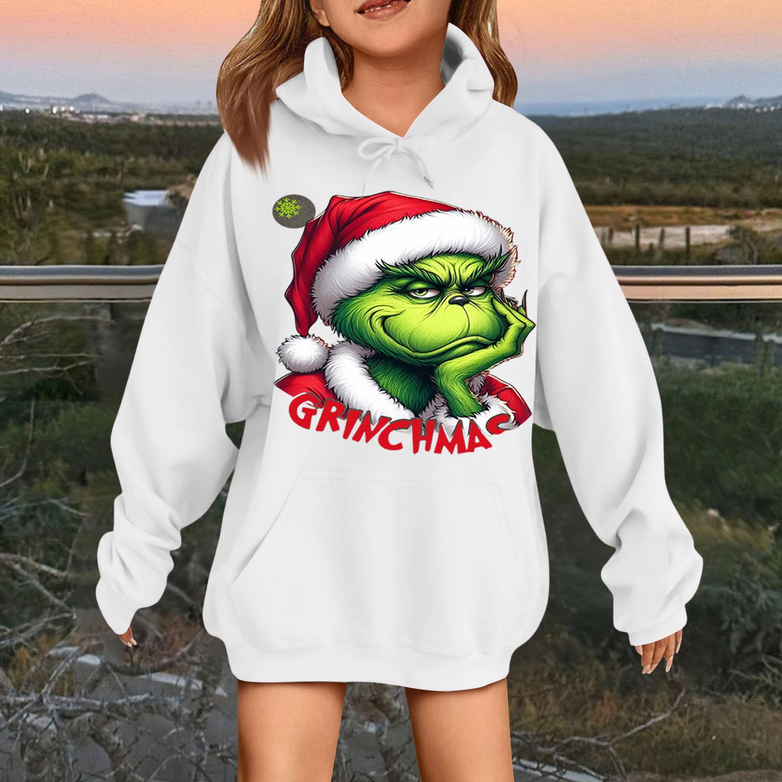 

Детская модная повседневная толстовка с капюшоном свободного кроя с длинными рукавами и рождественским принтом 120 белый