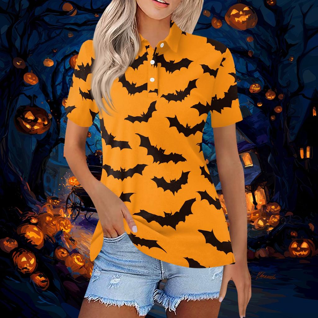 Women's Short Sleeve Button Down Collared Top with Halloween Print - Casual Fashion Blouse with Side Slits