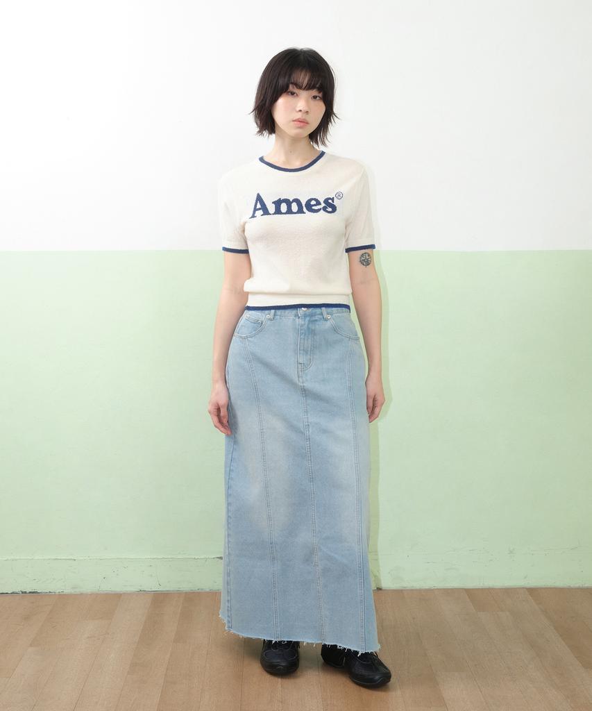 AMES-WORLDWIDE Curved Line Denim Long Skirt Light Blue