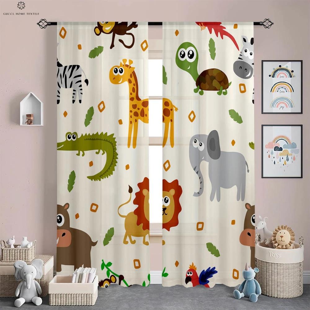 Perdele cu Imprimeu Desene Animate Animale din Pădure pentru Copii, Fibră Poliesterică, Cameră Copii, Birou, Dormitor, Decorative, 2 Buc.