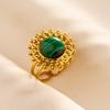 Green Striped Stone Vintage Gold Color Stainless Steel Open Adjustable Rings For Women Men Accessories Finger Jewelry Sun Flower