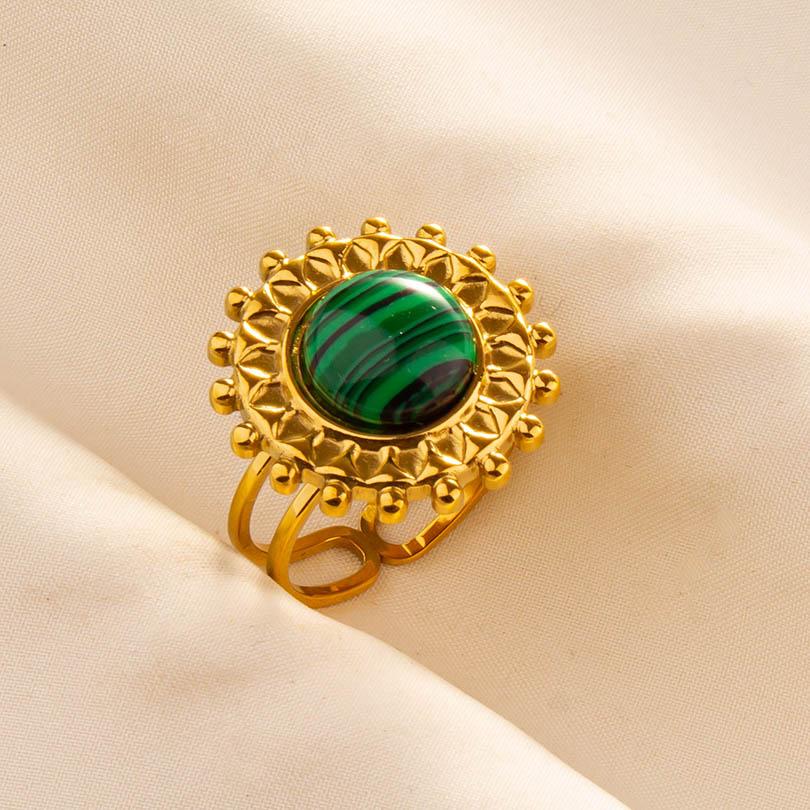 Green Striped Stone Vintage Gold Color Stainless Steel Open Adjustable Rings For Women Men Accessories Finger Jewelry Sun Flower