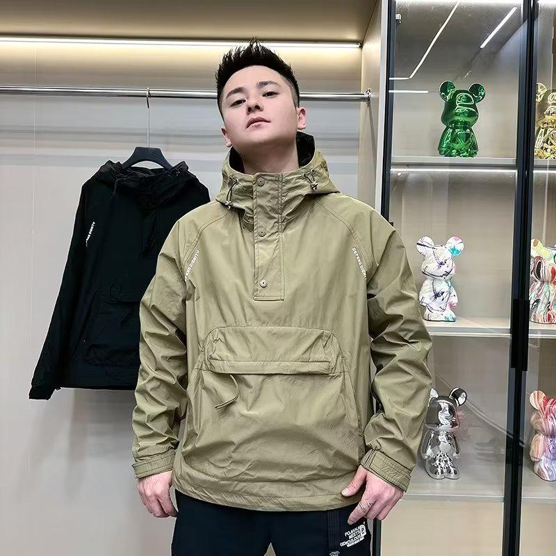 Men's Autumn Hooded Workwear Jacket with Zipper and Large Pocket - Casual, Loose, Trendy, Velvet-Lined