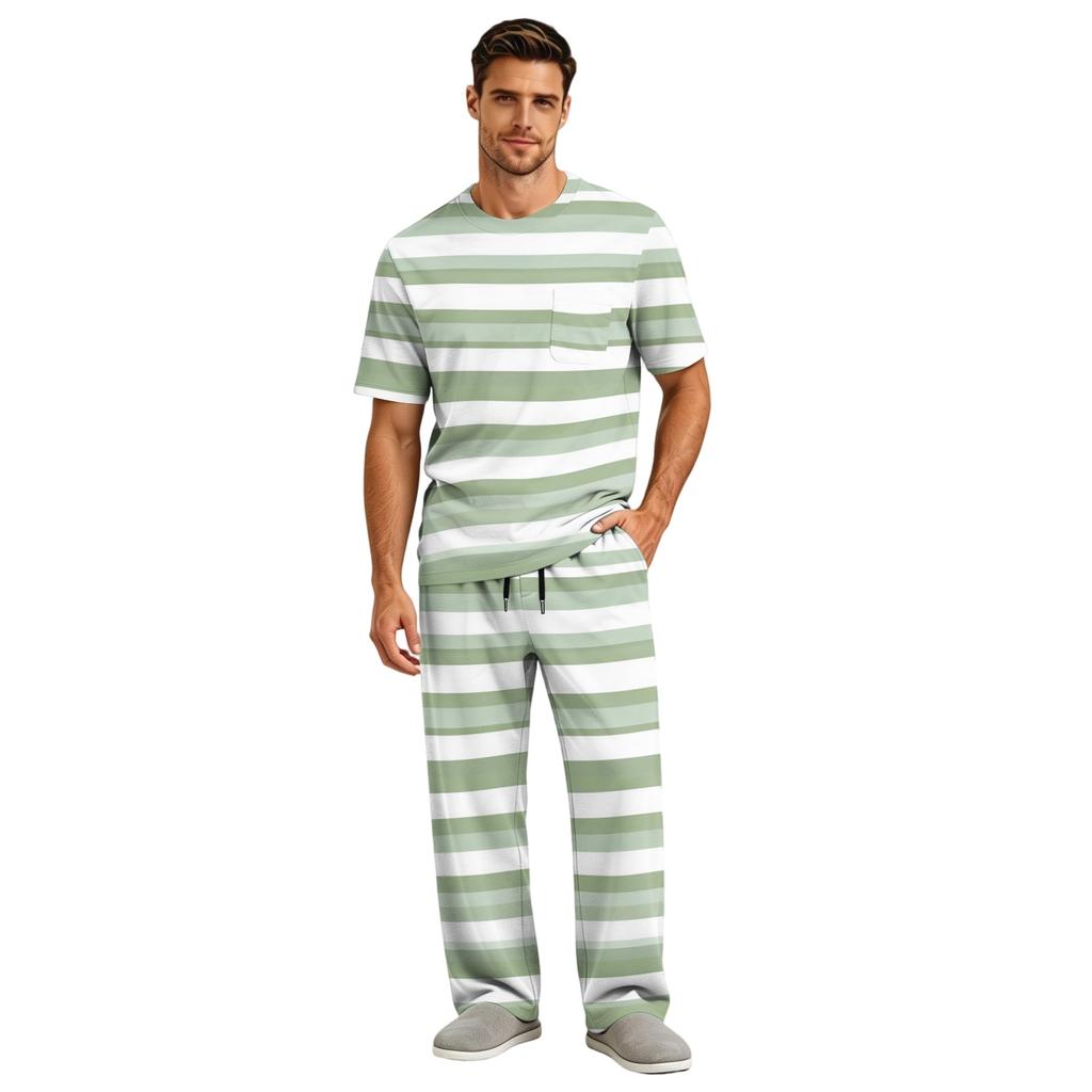 Men's Short Sleeve Pajama Set with Long Pants, Button Crotch, Elastic Waist Drawstring - Comfortable Sleepwear
