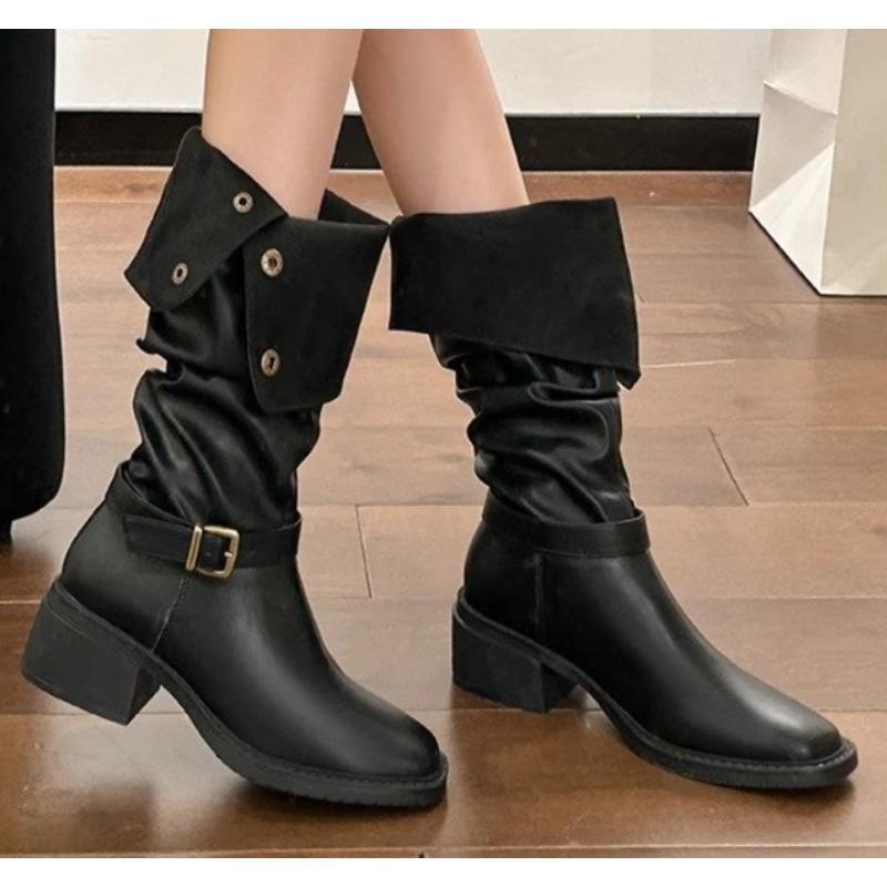 Neuer Stil Mode Damen Dicke Absätze Umschlagplüsch Lange Ritterstiefel Spitz Niedrige Absätze Lässig Elegant Temperament Ärmel Schlanke Stiefel