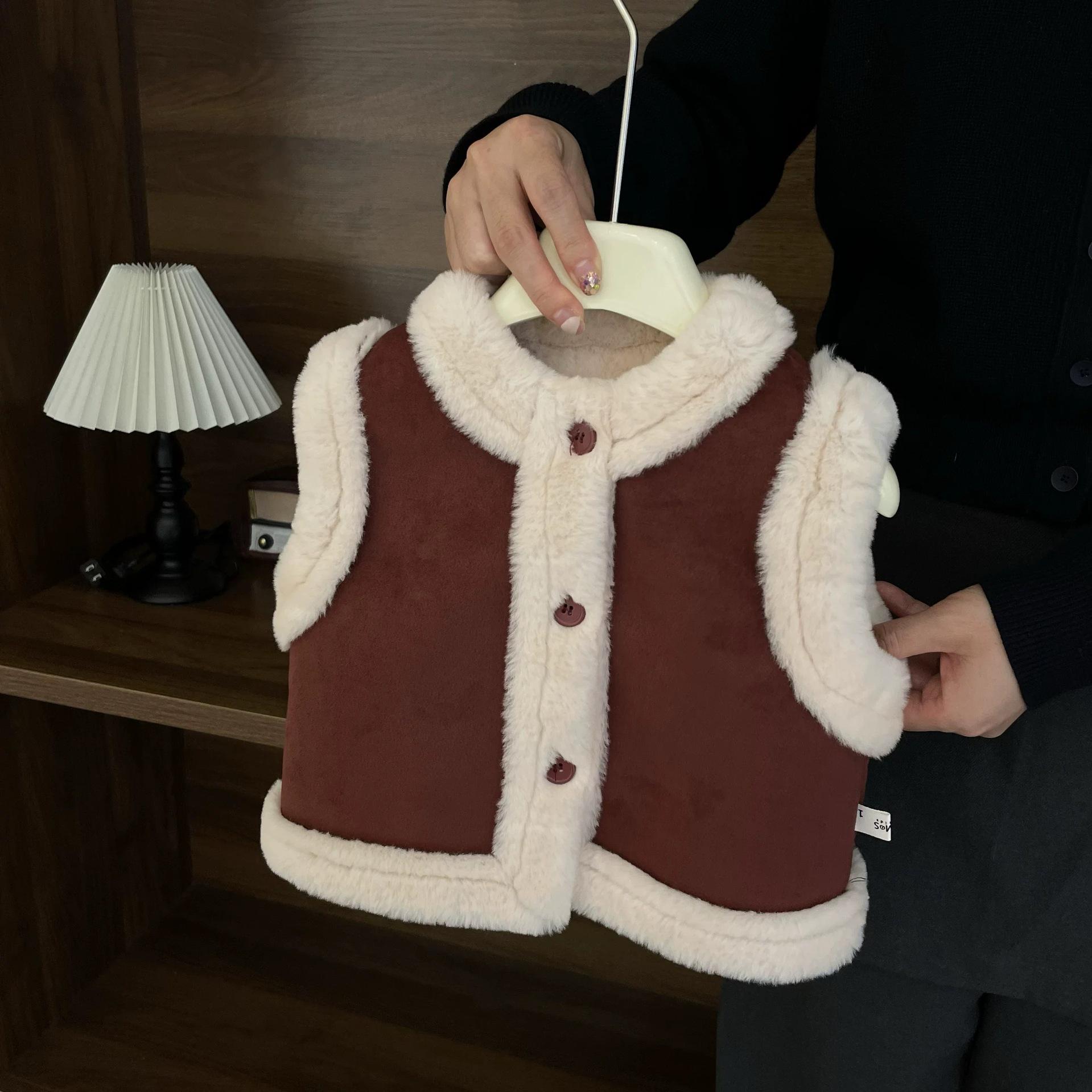 Шикарный замшевый флисовый жилет на подкладке из натуральной шерсти ягненка для девочек - Зимний корейский стиль, тепло 110 cm