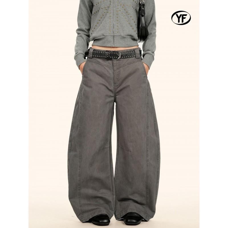 Men Women Vintage Washed Denim Pants Loose Wide Leg Trousers Streetwear Casual Jeans