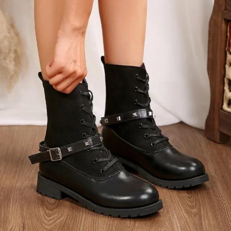 

Распродажа модной женской обуви 2024 года, женские ботинки на шнуровке, осенне-зимние, с круглым носком, однотонные, короткие, на толстом каблуке, модные ботинки большого размера 43 чёрный