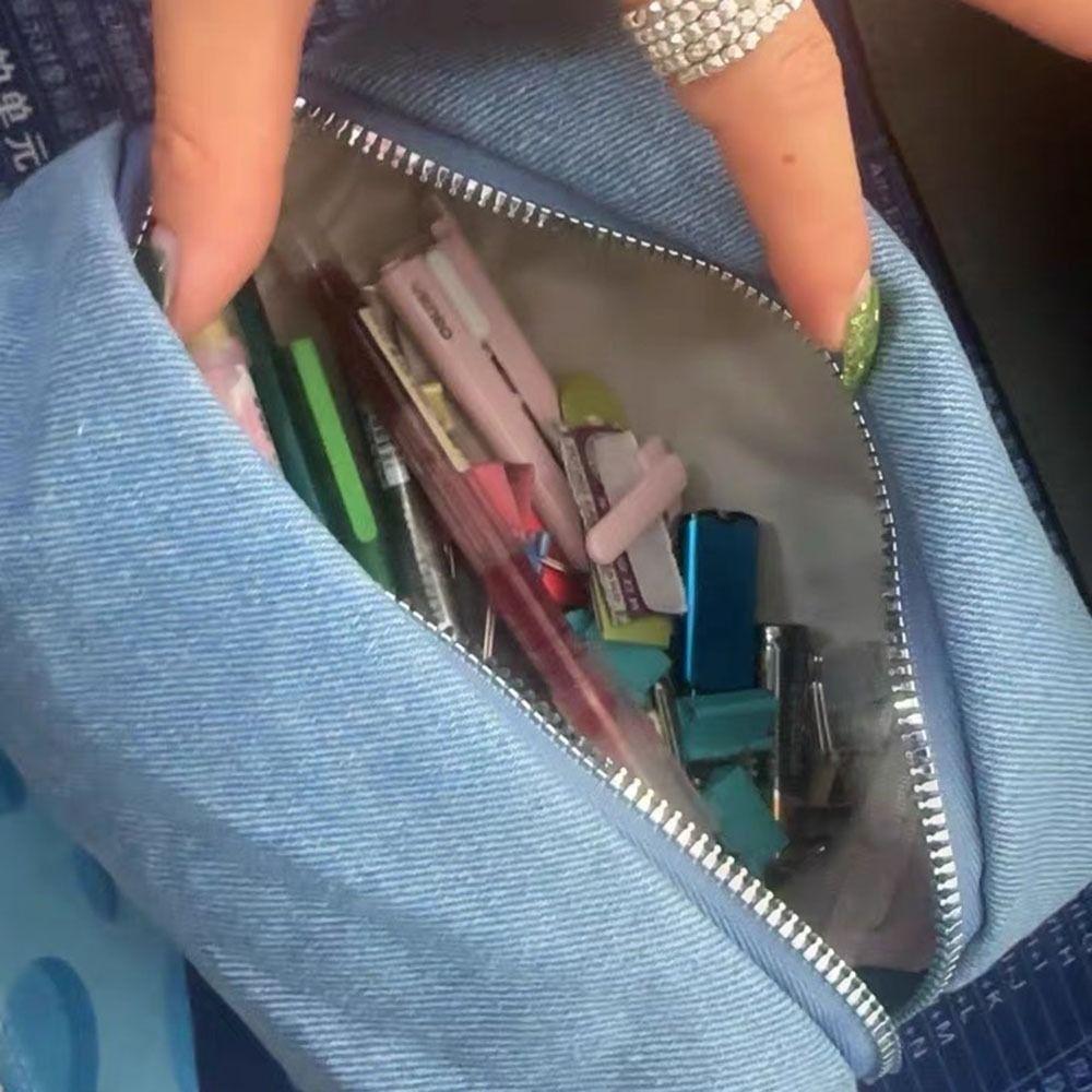 Travel Organizer Blue Denim Makeup Bag Solid Color Stationery Storage Bag for Women