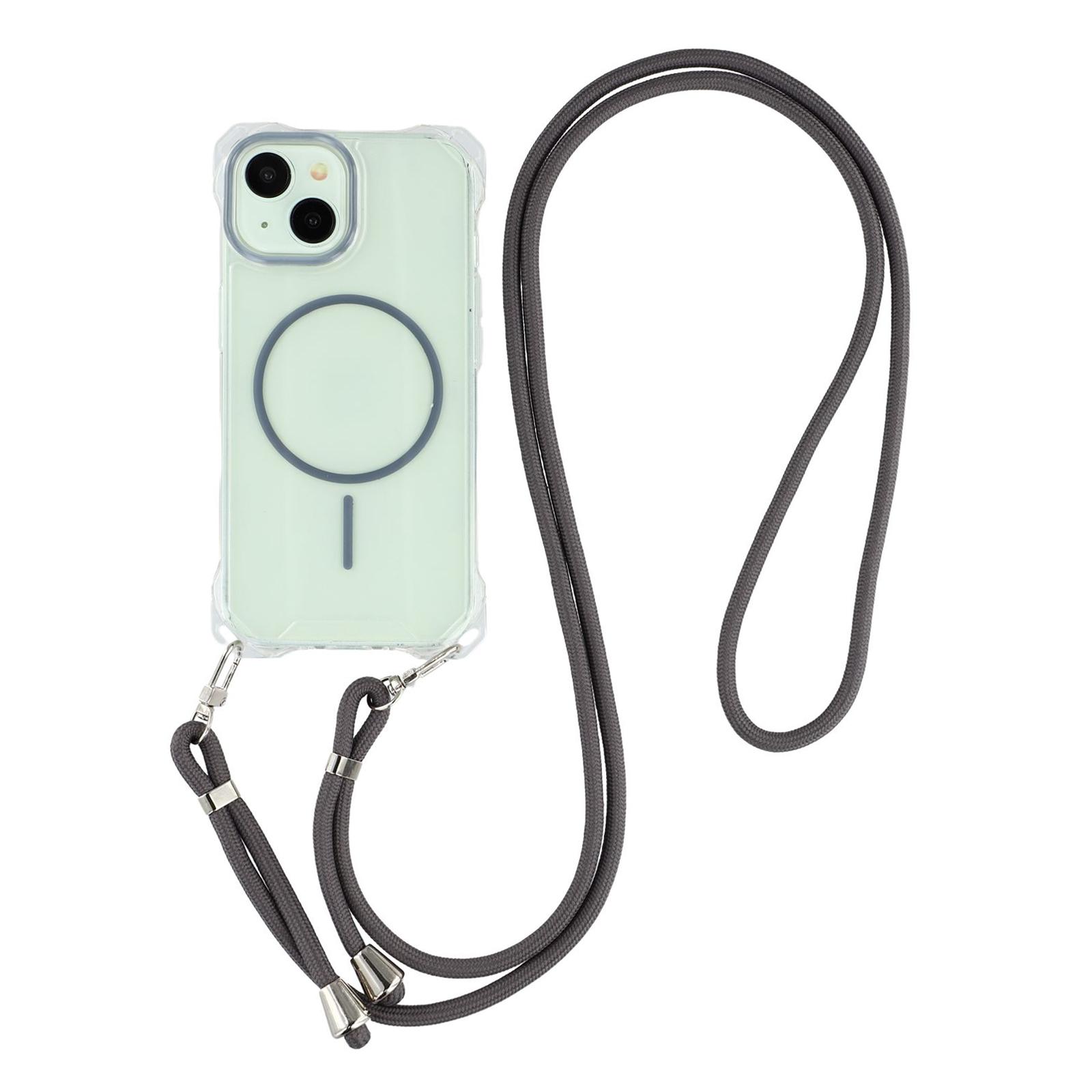 

For iPhone 15 Magnetic Case with Lanyard Drop-Proof TPU+PC Phone Back Cover Grey