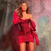 Langes Puffärmel Schräghals Satin Plissee Sexy Mini Kleid Herbst Winter Damen Einfarbig Party Elegant Streetwear Outfit