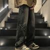 Calça jeans masculina de cintura média com zíper e estampa estética de estrelas, calças retas, pernas largas, jeans soltos, estilo high street