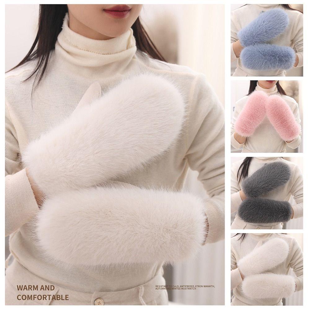 Fleece Lining Winter Gloves Keep Warm Faux Fur Mittens Fashion Plush Gloves Snowboarding Skiing