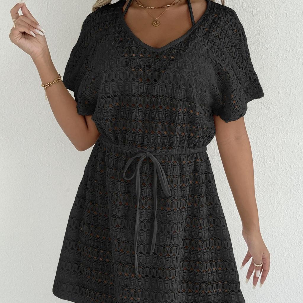 Women's Sheer Lace Camisole Beach Dress with Drawstring Waist and Bow Ties