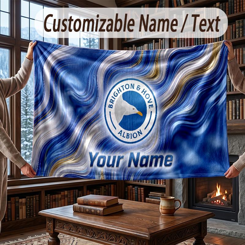 Custom Name Flannel Throw Blanket Brighton & Hove Albion Football Pattern Warm Home Decoration