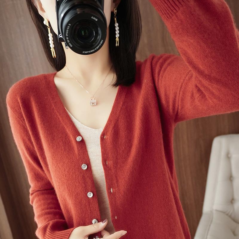 Suéteres de punto de lana de manga larga con cuello en V y estampado de colores sólidos para otoño e invierno para mujer
