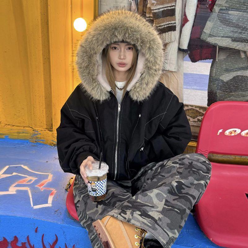 Versión Coreana Mujer Negro Moda Talla Grande Parka con Capucha y Cremallera Invierno Gris Cálido Suelto Abrigo de Algodón Grueso Casual Trendy