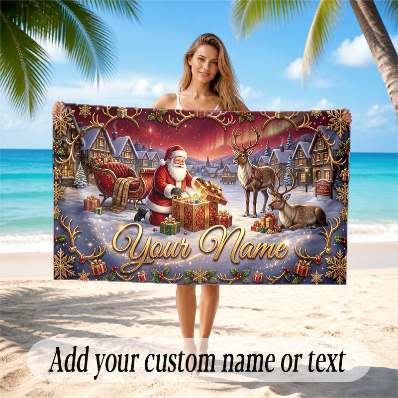 Christmas Theme Quick Dry Beach Towel Custom Name Text Print Large Sand Resistant Towel Beach Vacation