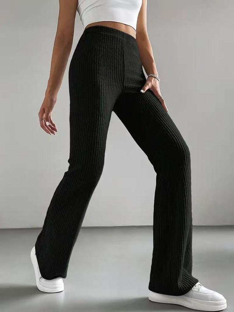 2025 Women's Solid Color Ribbed Knit Bell-Bottom Pants - All-Match, Slim Fit Casual Trousers for Spring and Autumn