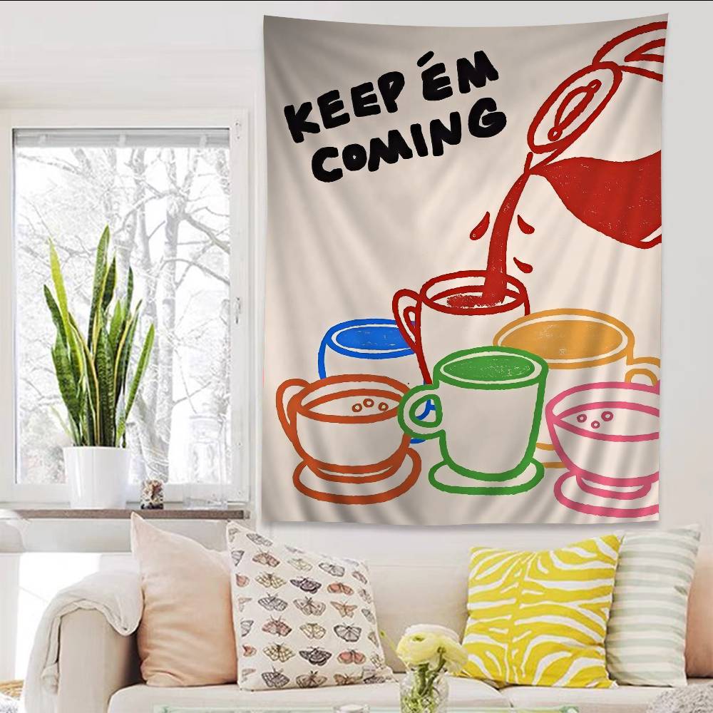 Fashion Coffee Line Anime Tapestry Hippie Flower Wall Carpets Dorm Decor Wall Hanging Home Decor