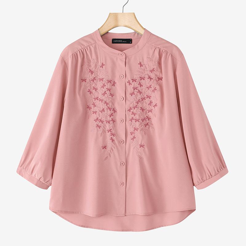 ZANZEA Women Casual Round Neck 3/4 Sleeve Loose Embroidery Print Blouse