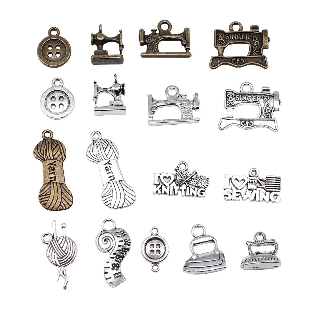 10pcs Antique Bronze Silver Color Sewing Machine Yarn Knitting Sewing Iron Button Charms For Jewelry Making