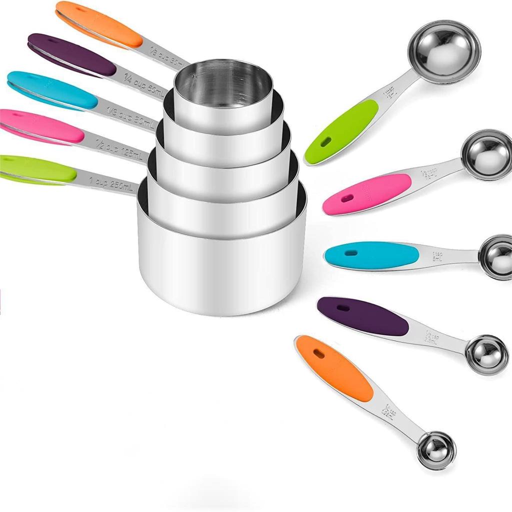 10-teiliges Messbecher- und Löffelset aus Edelstahl mit Silikongriffen