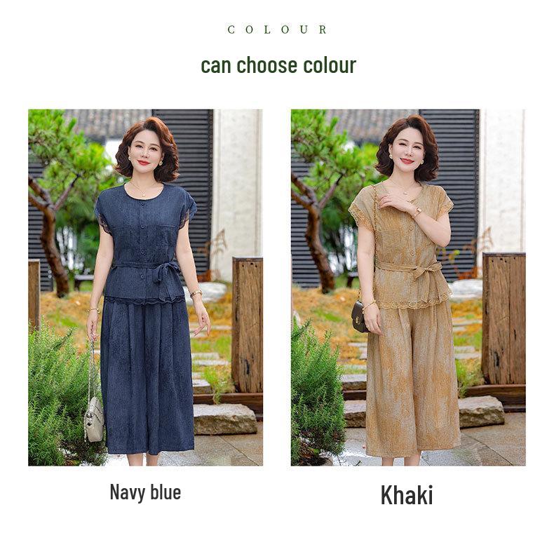 Mom's Youthful Summer Two-Piece Suit: Elegant, Slimming Fashion for Middle-Aged & Elderly