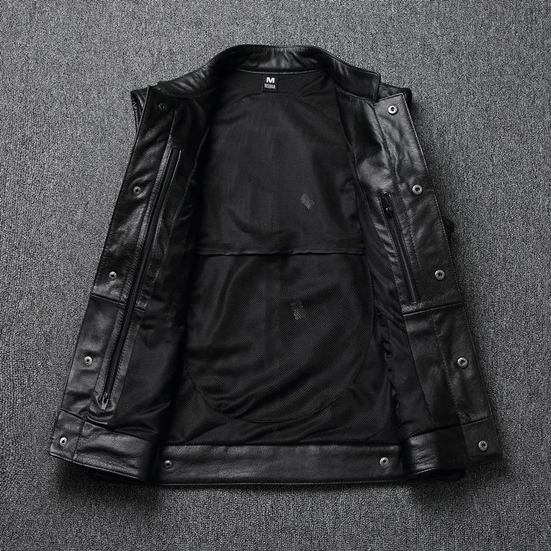 Chiński rozmiar Prawdziwa skóra bydlęca Harley Motocyklowe kamizelki Prawdziwa skóra bydlęca Kurtka bez rękawów Czarny Moto Biker Kamizelki Slim Fit Klub Jazda Wiosna