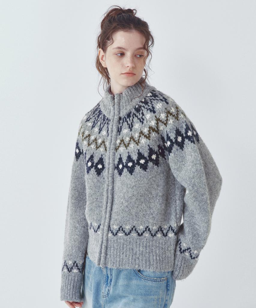 CITTA Nordic Wool Blend Jacquard Knit Zip-Up_Ctk255(Grey)