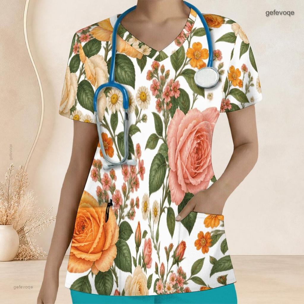 Women Plus Size White Floral Printed V Neck Short Sleeve Nurse Scrub Top With Front Pockets