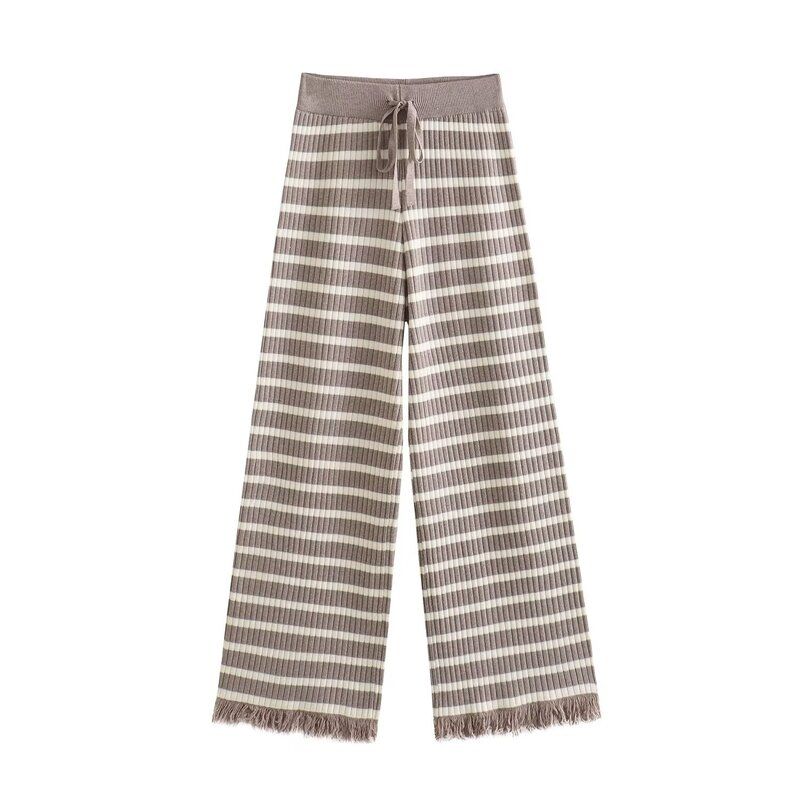 Fashion Wind New Fall Women's Clothing Stripes Contrast Color Straight-leg Fringed Burr Knitting Wool Pants 4 Colors