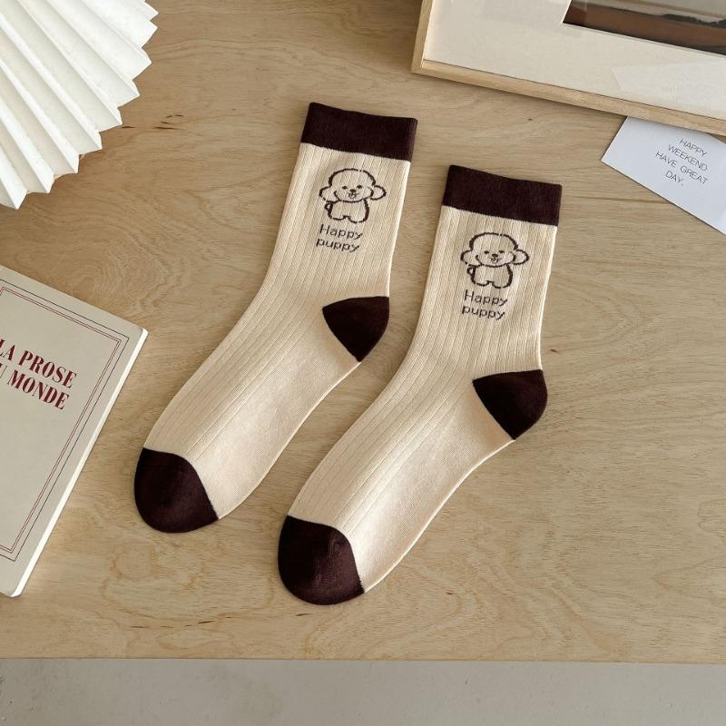 

Женские осенние носки до середины икры, мультяшные милые с собачкой, длинные носки до икры, хлопковые влагоотводящие носки 1 pair