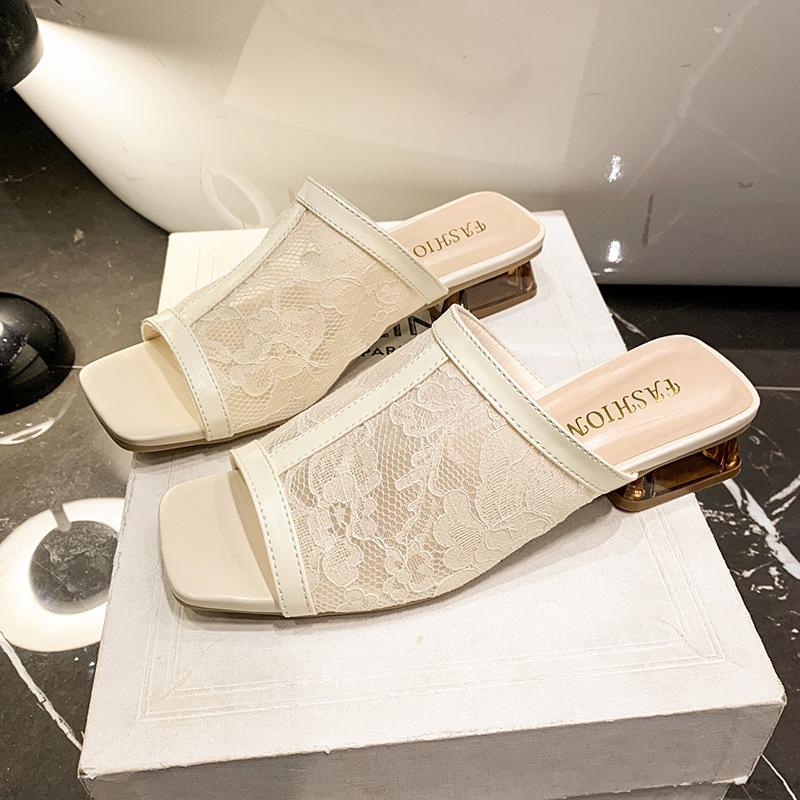 

Fashion sandals bag head half slippers women s summer thick heel Korean version sandals lace mesh beach shoes 35