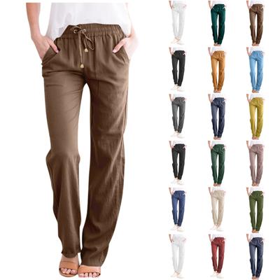 (Qunide) Women Casual Cotton And Linen Solid Drawstring Elastic Waist Long Straight Pants