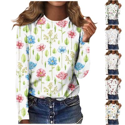 Women's Fashion Casual Long Sleeve Print Round Neck Pullover Top Blouse