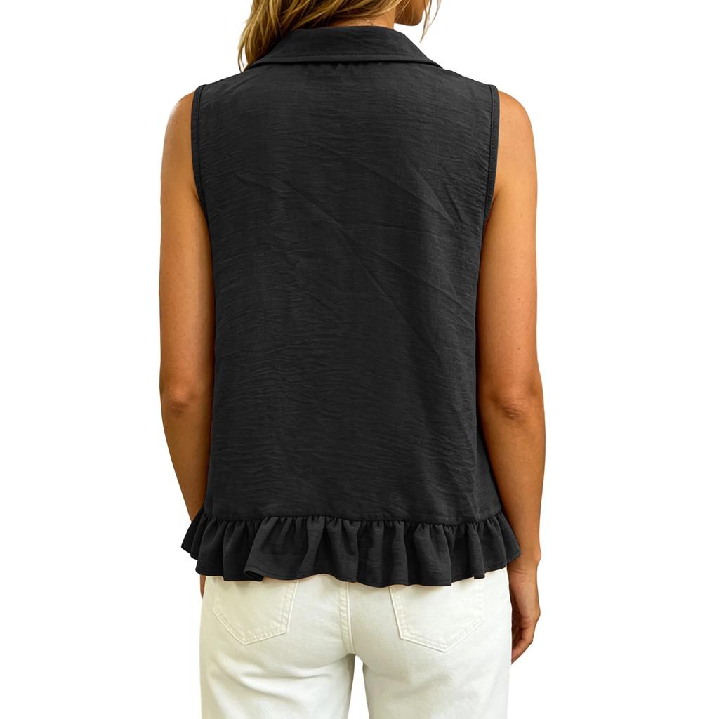 Women's V Neck Ruffle Sleeveless Blouse Lightweight Summer Casual Vacation Top with Frilled Hem and Front Detail