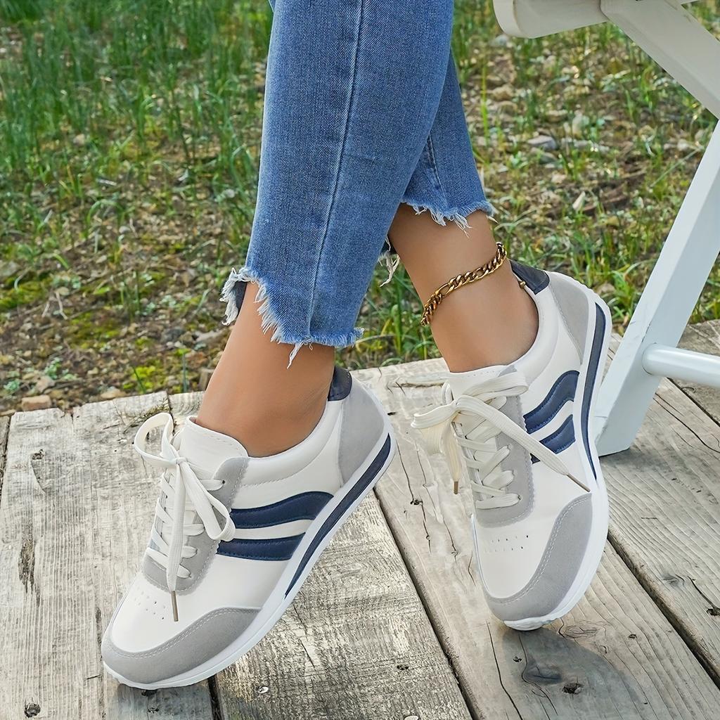 Women's Casual White Sneakers with Blue Accents - Breathable & Comfortable Lace-Up Running Shoes, Low-Top Fitness & Travel Footwear, Soft Rubber Sole