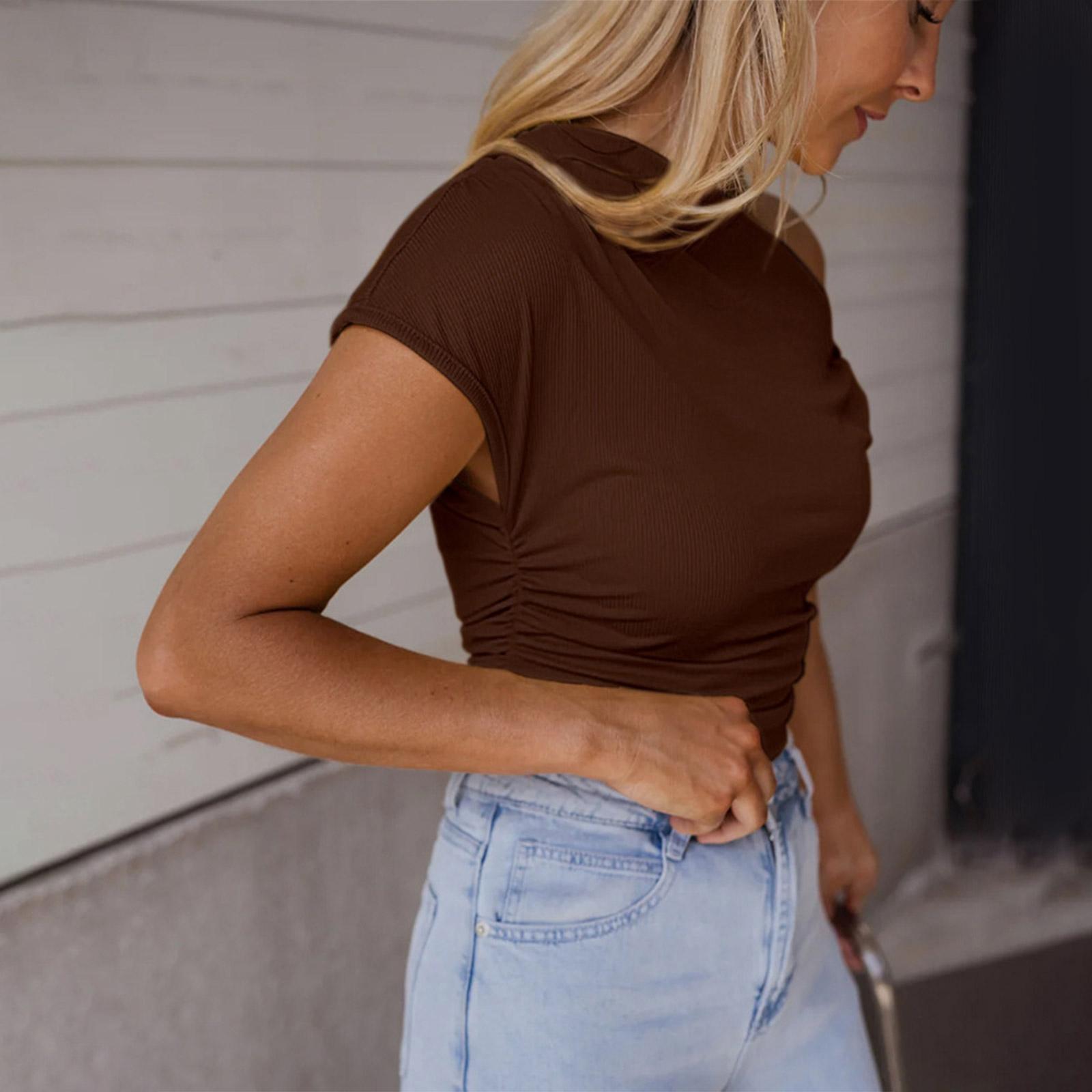 Женская мода Новая летняя облегающая вязаная футболка с декоративным цветом, короткий рукав, топ XXL кофейный