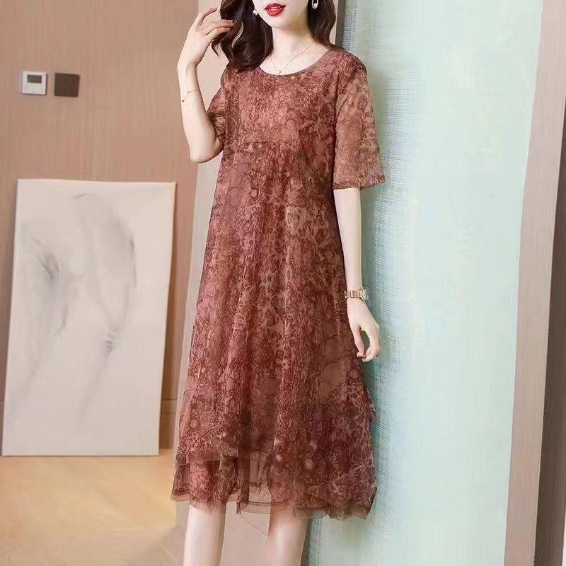 Summer Women Printed Dress Ice Silk Mesh Plus Size Midi Floral Dress