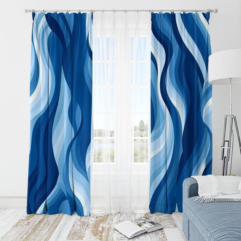 2pcs- Sky Blue Corrugated Polyester Curtains, Pole Bag Curtains, Bathroom, Bedroom, Living Room, Home Room Decoration