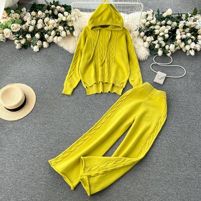Autumn Winter Women Twist Knitted Sweater Tracksuit Fashion Hooded Pullover Tops and Wide Leg Pant Two Piece Set