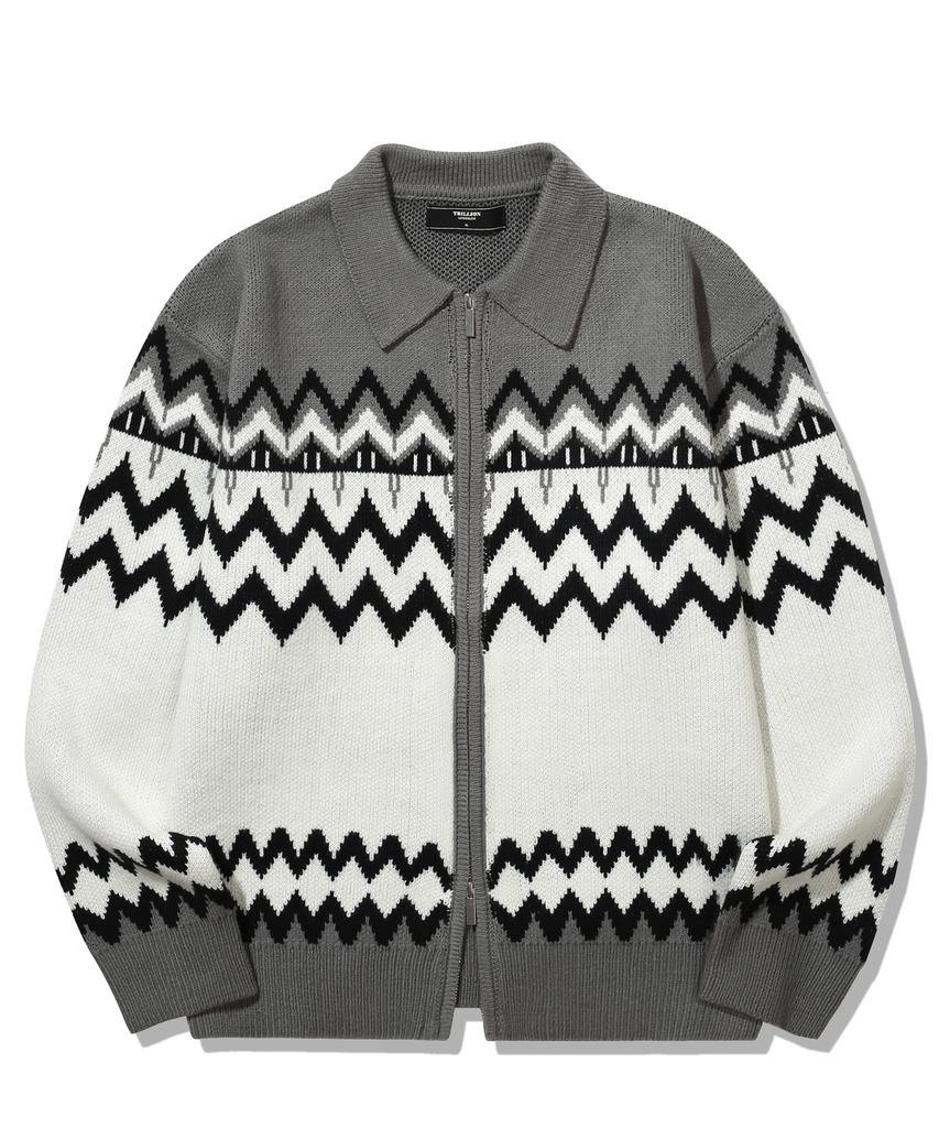 TRILLION Washable Nordic Jacquard Collar Neck 2-Way Zip-Up Knit [Gray]